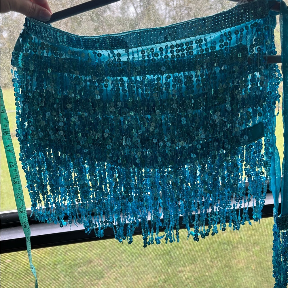 Teal Sequined Fringe Hip Scarf / sequent going out skirt